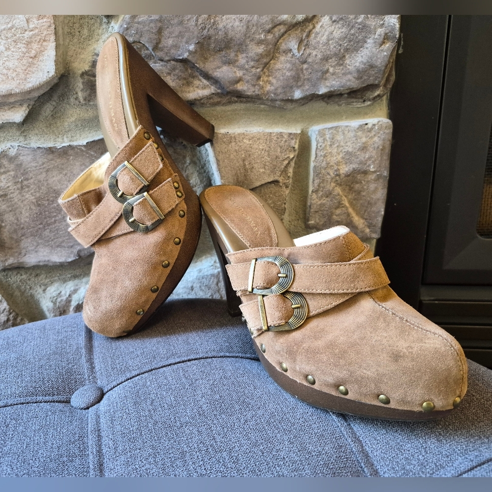 Dana Buchman Brown Suede Mules with Buckle Detail